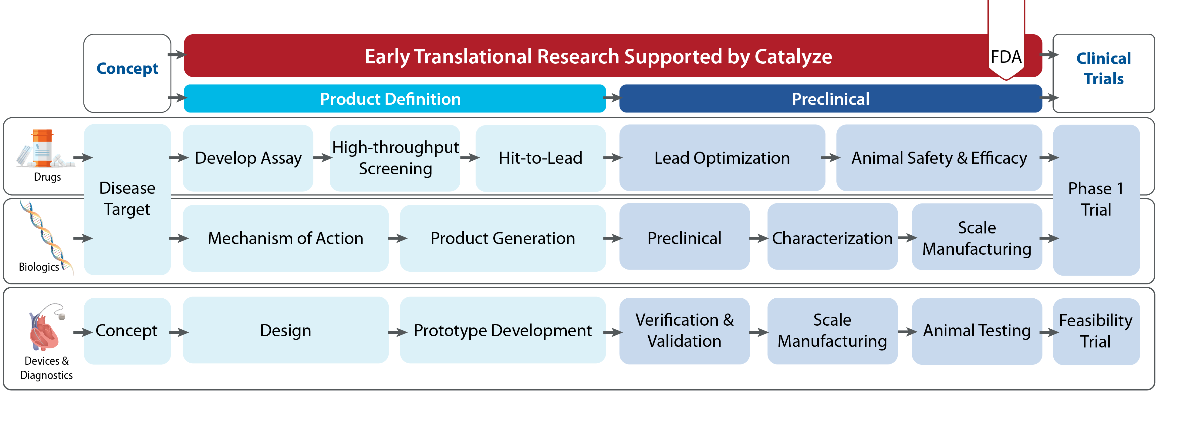 This is a visual depiction of an overview of the Catalyze Program.  The image shows five boxes feeding into a box labeled Catalyze Program below. The first box is titled 'Funding' and says 'Leverages federal investment with matching commitments and flexibility to adjust to challenges'.  The second box is titled 'Coordinated Approach' and says 'Continuum of programs to advance research from validation to first-in-human trials'.  The third box is titled 'Individualized Support' and says 'Milestone-driven project management and support'.  The fourth box is titled 'Program Flexibility' and says 'Ability to adjust the program as needed and to share best practices'.  The fifth box is titled 'Network of Experts' and lists 'Access to key technical experts, Advisory services from NIH and mentoring network, Entrepreneurial education and training, and Cohort-based learning'. The five boxes feed into a final overarching box titled 'Catalyze Program' that says 'Provides a bridge from basic to clinical research across the entire Heart, Lung, Blood, and Sleep research spectrum/Trains a scientific workforce in product development and entrepreneurship'